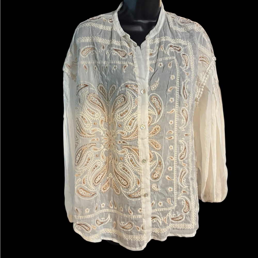 Cream Relaxed Embroidered Blouse with Long Sleeves